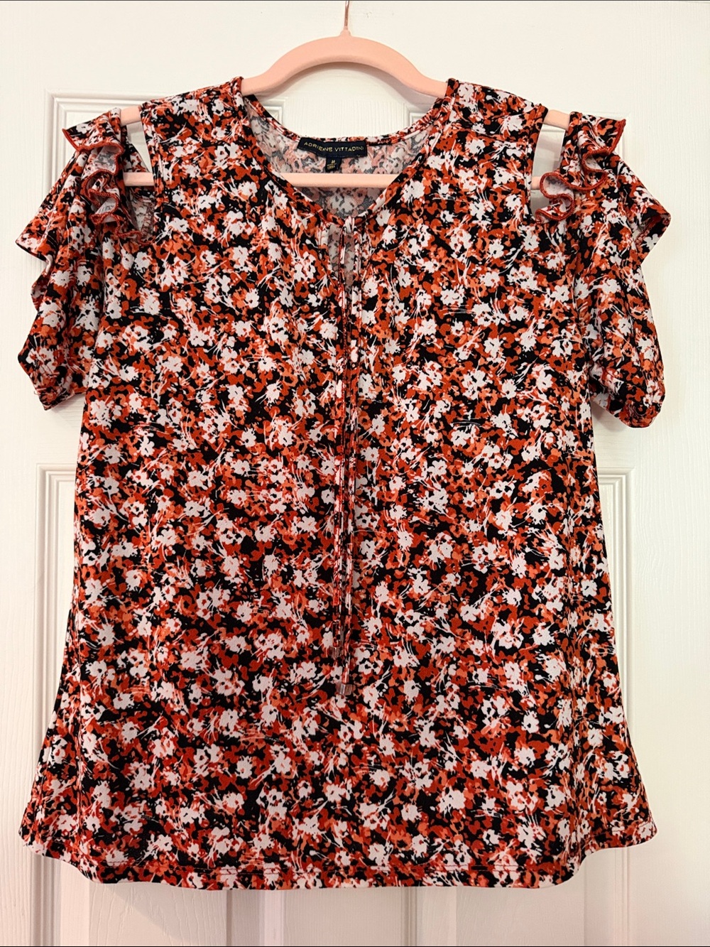 Adrienne Vittadini Orange Black White Floral Cold-Shoulder Blouse